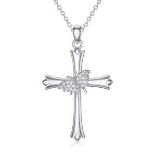 Sterling Silver Round Cubic Zirconia Butterfly & Cross Pendant Necklace-5