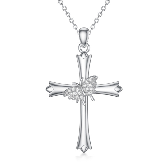 Sterling Silver Round Cubic Zirconia Butterfly & Cross Pendant Necklace