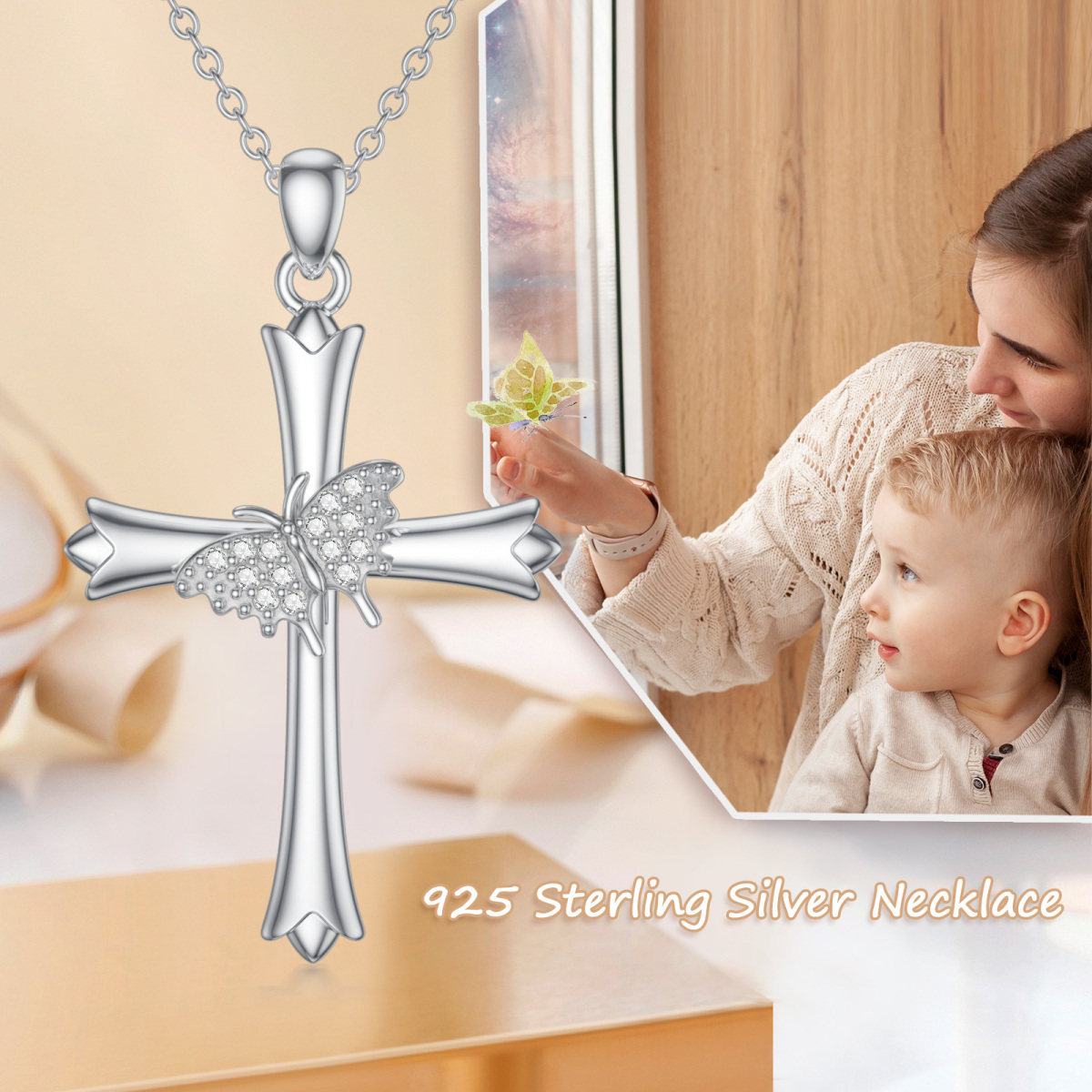 Collana con ciondolo a farfalla e croce in argento sterling con zirconia cubica tonda-4