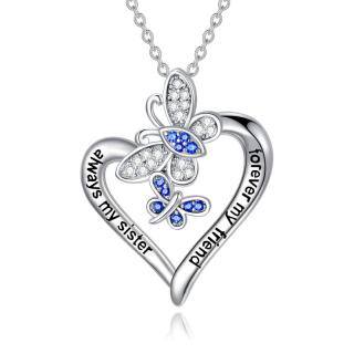 Sterling Silver Round Cubic Zirconia Butterfly & Heart Pendant Necklace with Engraved Word-4