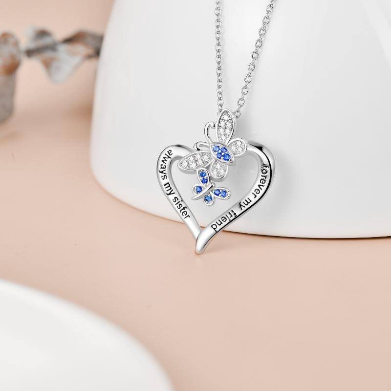 Collar con colgante de corazón de mariposa y circonita cúbica redonda de plata de ley con palabra grabada-3