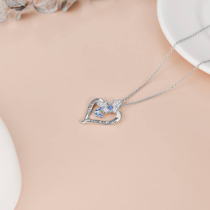 Collar con colgante de corazón de mariposa y circonita cúbica redonda de plata de ley con palabra grabada-4