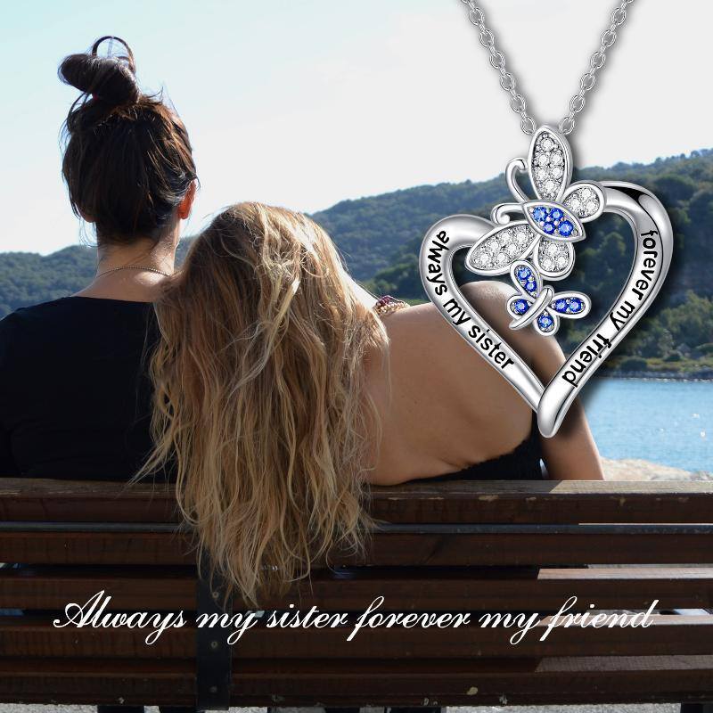 Sterling Silver Round Cubic Zirconia Butterfly & Heart Pendant Necklace with Engraved Word-5