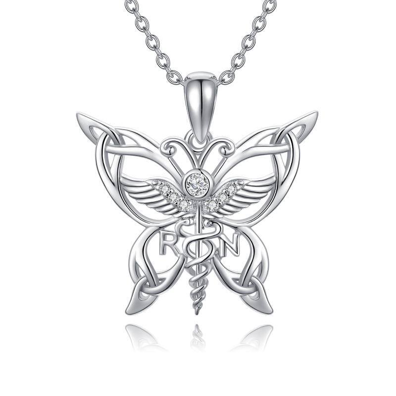 Sterling Silver Round Butterfly Pendant Necklace-1