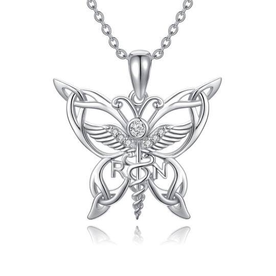 Collier pendentif papillon rond en argent sterling