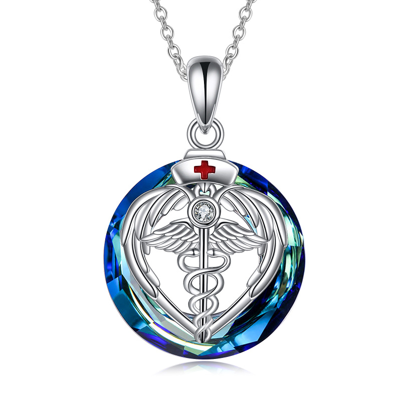 Sterling Silver Round Caduceus Crystal Pendant Necklace-15