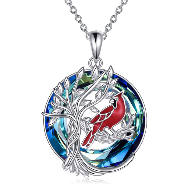 Sterling Silver Round Cardinal & Tree Of Life Crystal Pendant Necklace-1