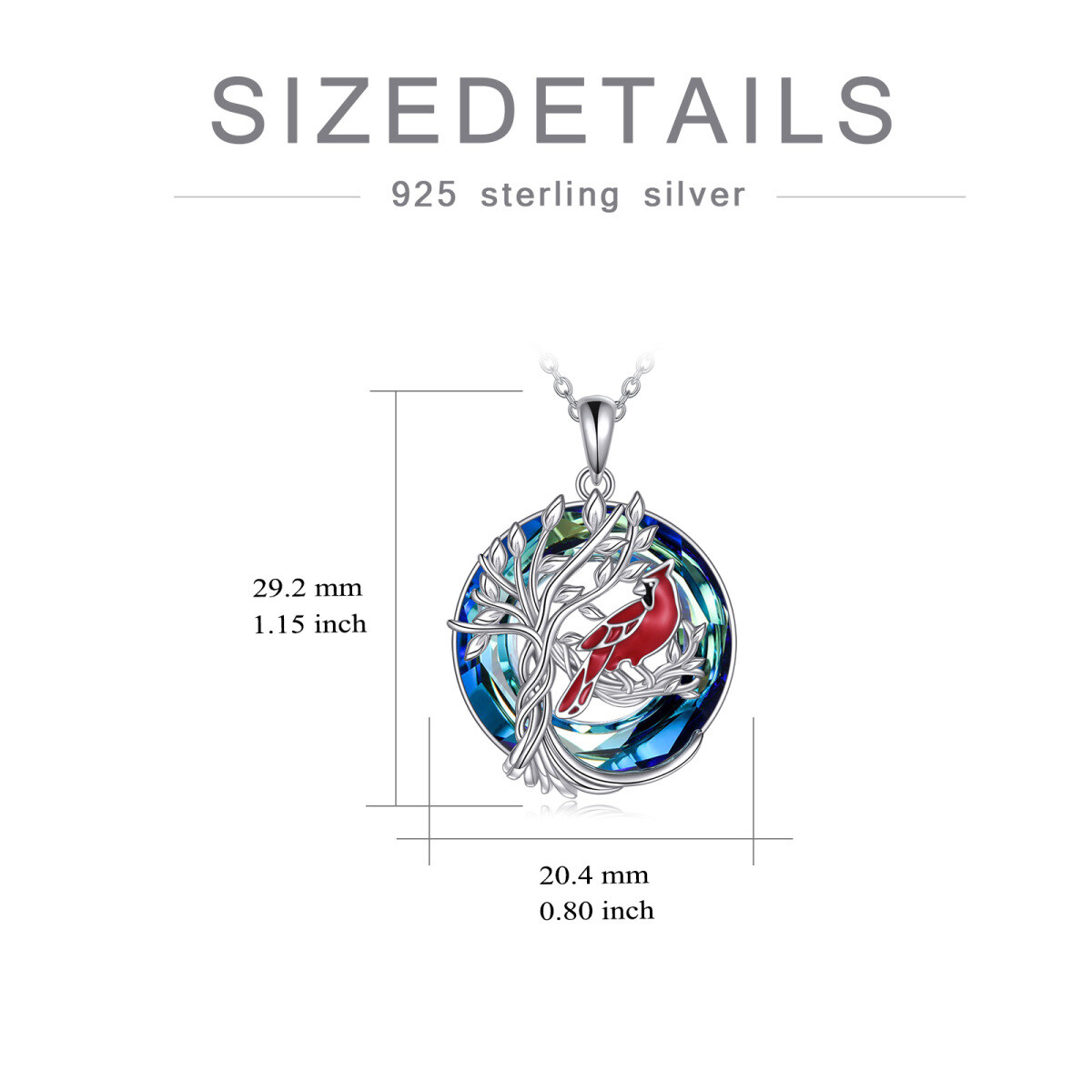 Sterling Silver Round Cardinal & Tree Of Life Crystal Pendant Necklace-5