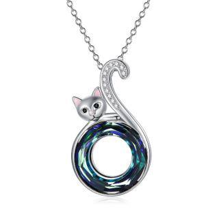 Sterling Silver Round Cat Crystal Pendant Necklace-5