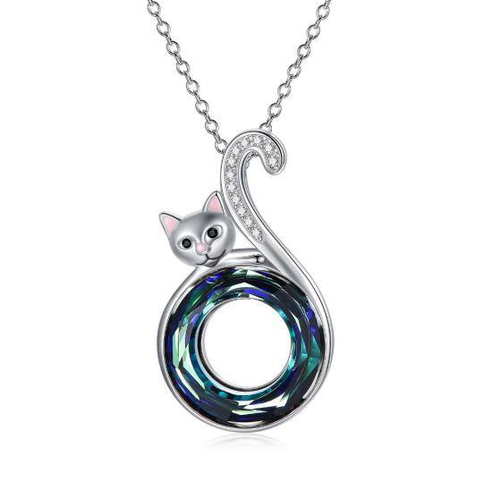 Sterling Silver Round Cat Crystal Pendant Necklace