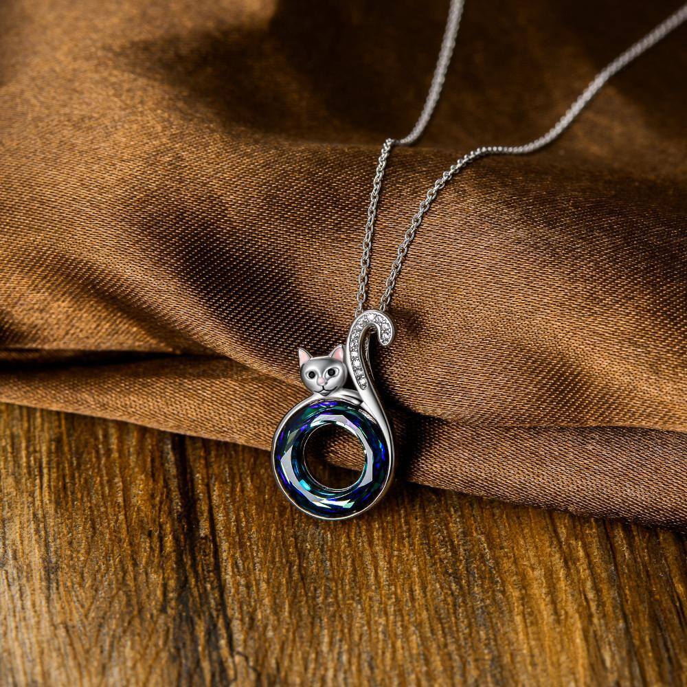 Collier en argent sterling avec pendentif en cristal de chat rond-3