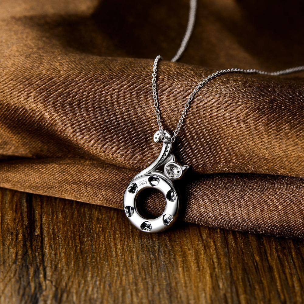 Sterling Silver Round Cat Crystal Pendant Necklace-4