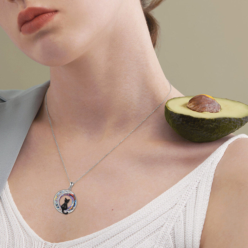 Sterling Silver Round Cat & Moon Crystal Pendant Necklace-2