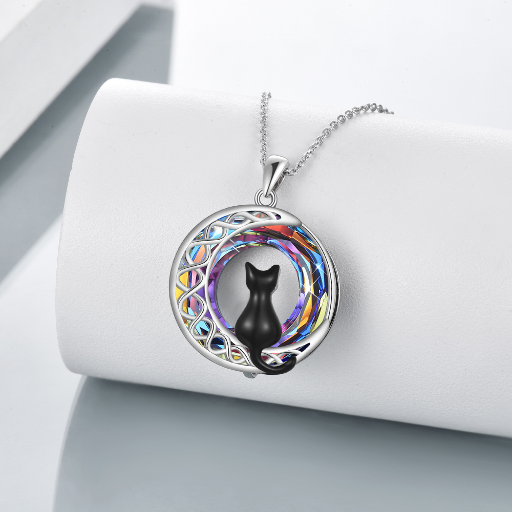 Colar de prata esterlina com pingente de cristal redondo de gato e lua-3