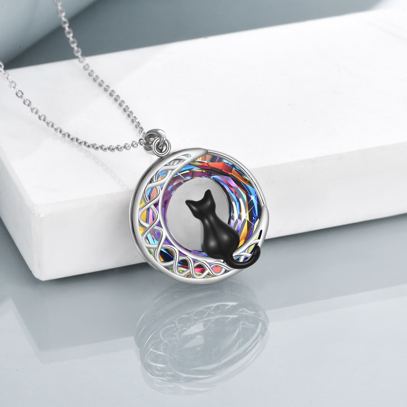 Sterling Silver Round Cat & Moon Crystal Pendant Necklace-4
