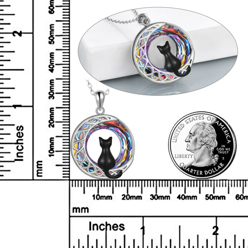 Sterling Silver Round Cat & Moon Crystal Pendant Necklace-5