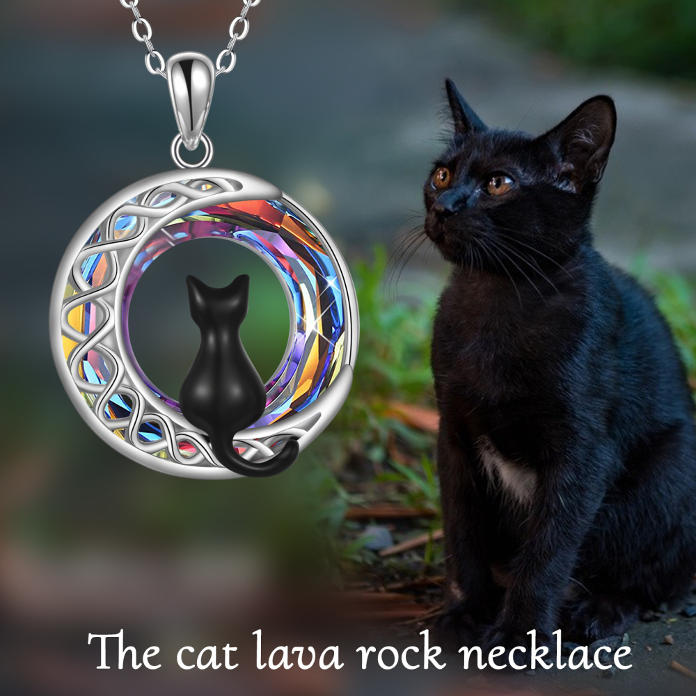 Colar de prata esterlina com pingente de cristal redondo de gato e lua-6
