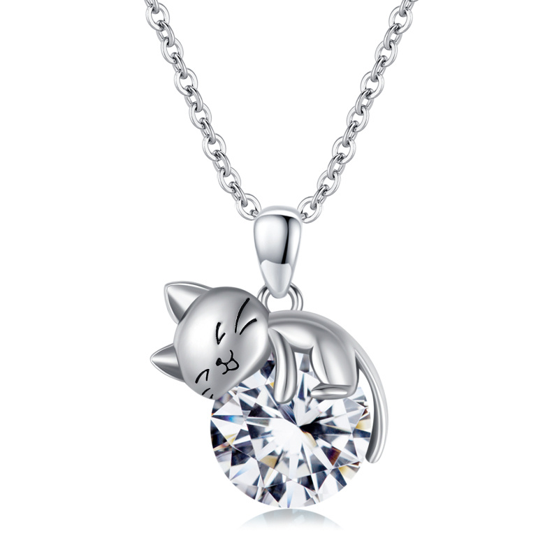 Sterling Silver Round Cubic Zirconia Cat Pendant Necklace-1