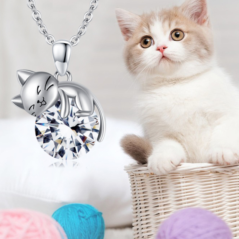 Sterling Silver Round Cubic Zirconia Cat Pendant Necklace-3