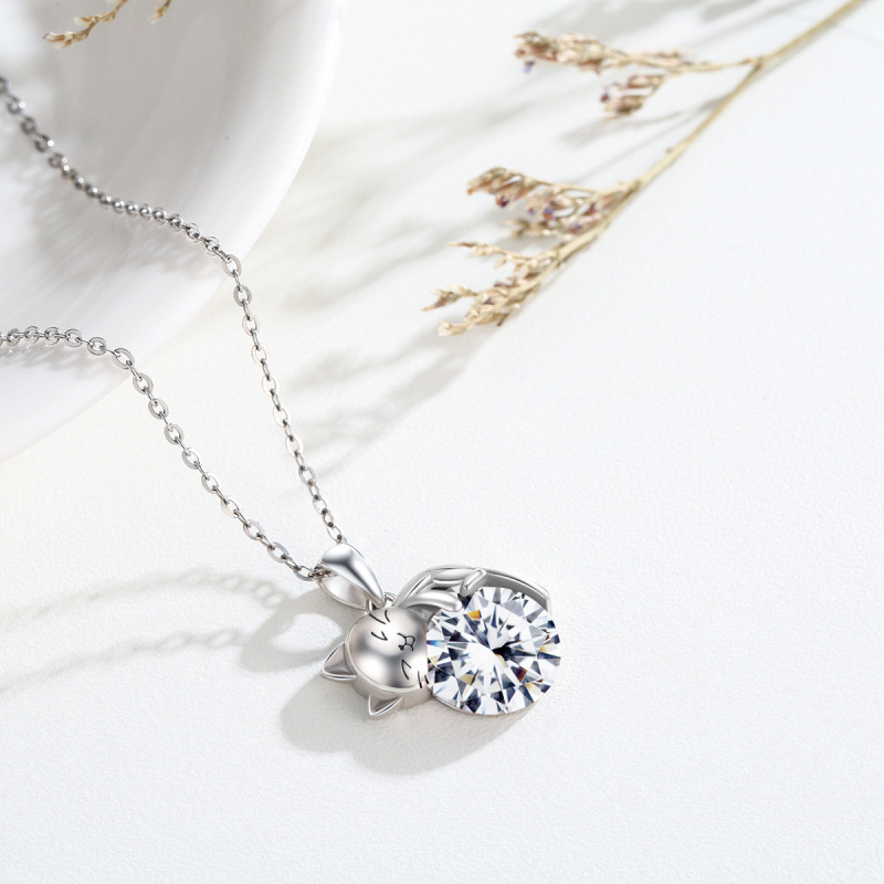 Sterling Silver Round Cubic Zirconia Cat Pendant Necklace-5