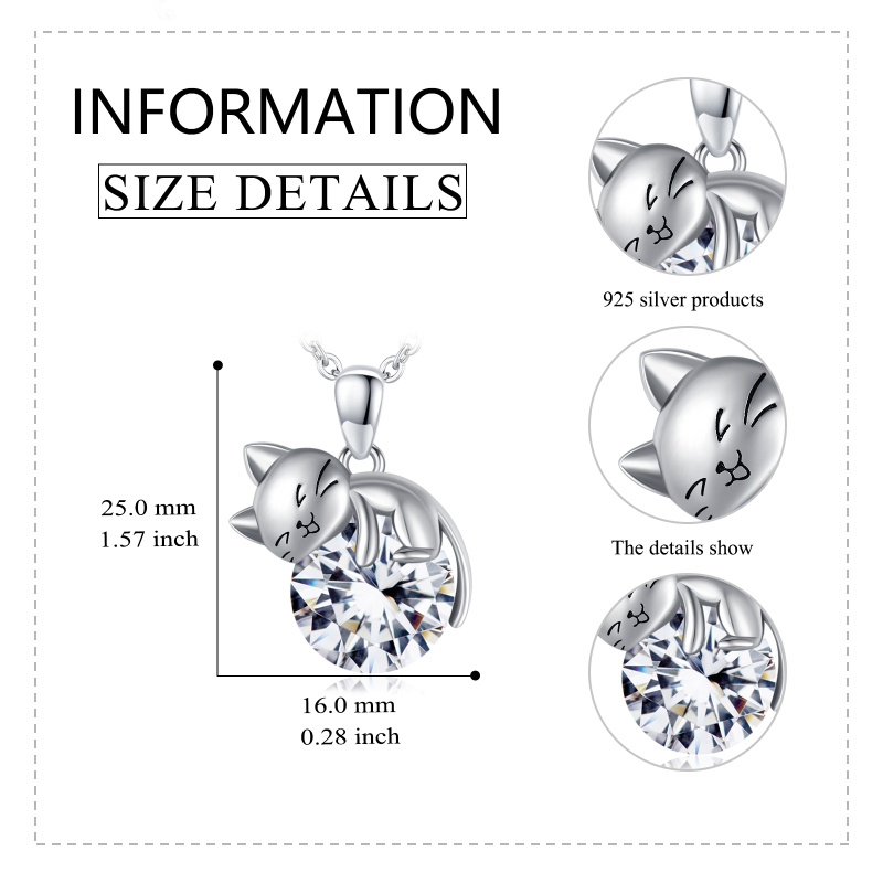 Sterling Silver Round Cubic Zirconia Cat Pendant Necklace-6