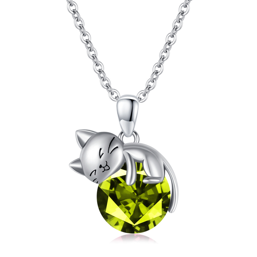 Sterling zilveren ronde cubische zirkonia kat hanger ketting-1