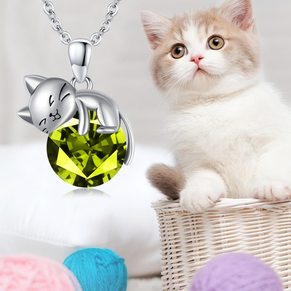 Sterling zilveren ronde cubische zirkonia kat hanger ketting-3