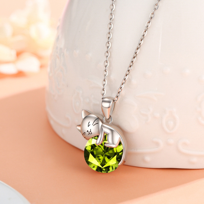 Sterling Silver Round Cubic Zirconia Cat Pendant Necklace-5