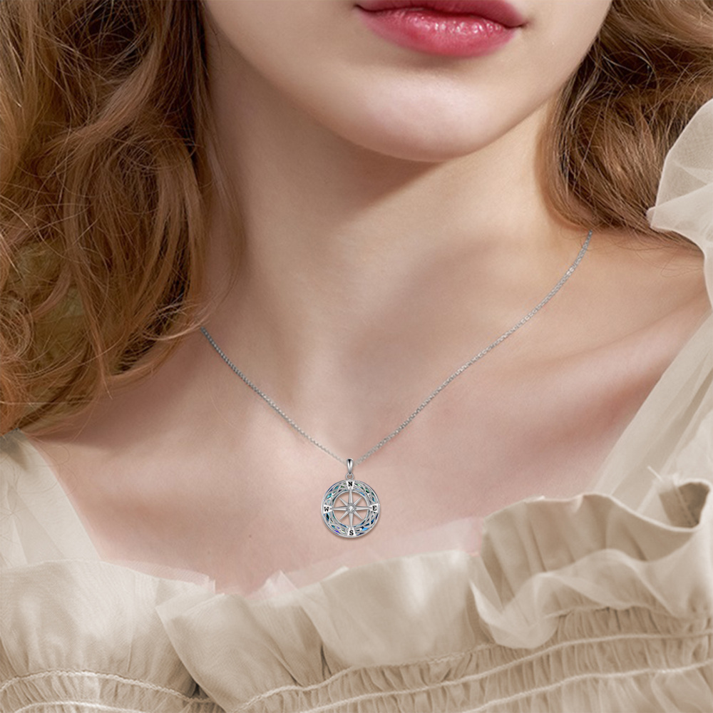 Sterling Silver Round Celtic Knot & Compass Crystal Pendant Necklace-2