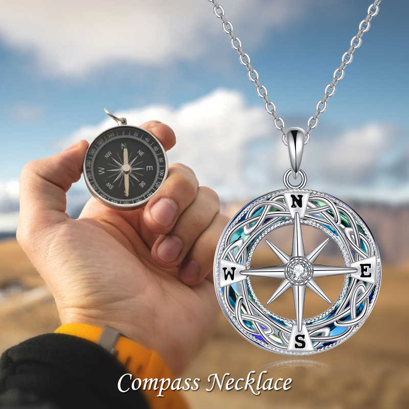 Sterling Silver Round Celtic Knot & Compass Crystal Pendant Necklace-3