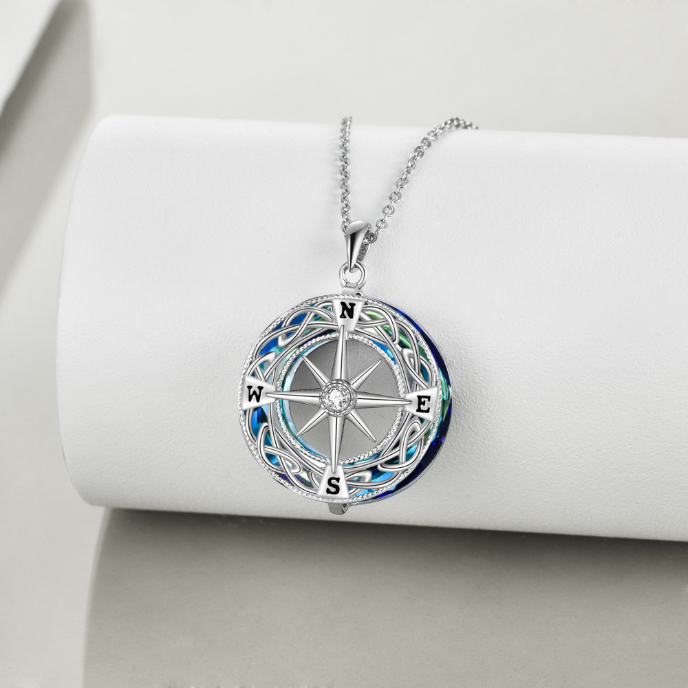 Sterling Silver Round Celtic Knot & Compass Crystal Pendant Necklace-4