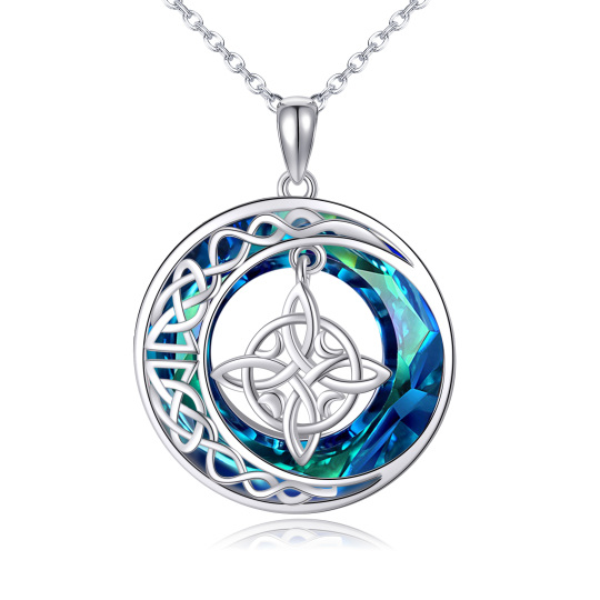 Sterling Silver Round Celtic Knot & Moon Crystal Pendant Necklace