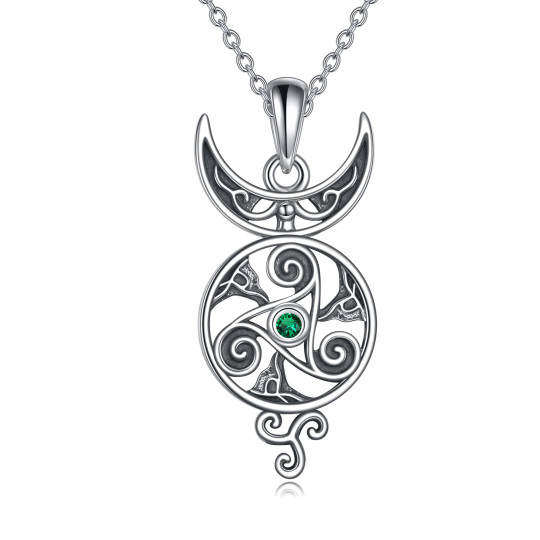 Sterling Silver Round Cubic Zirconia Celtic Knot & Moon Pendant Necklace