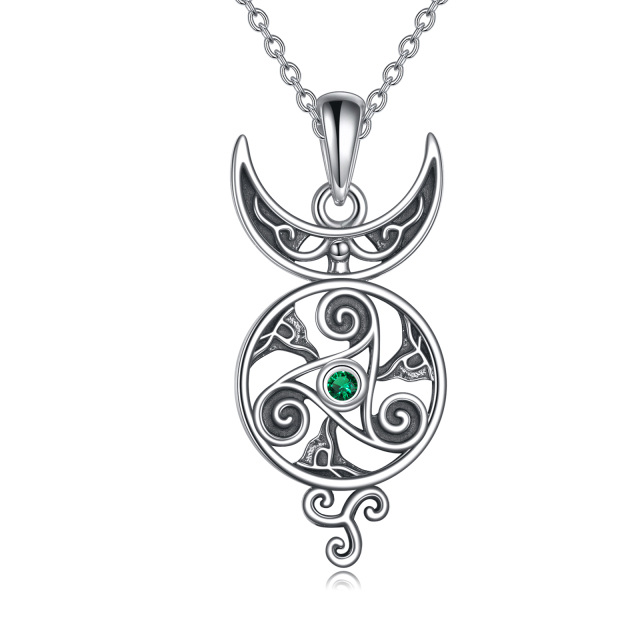 Sterling Silver Round Cubic Zirconia Celtic Knot & Moon Pendant Necklace-2