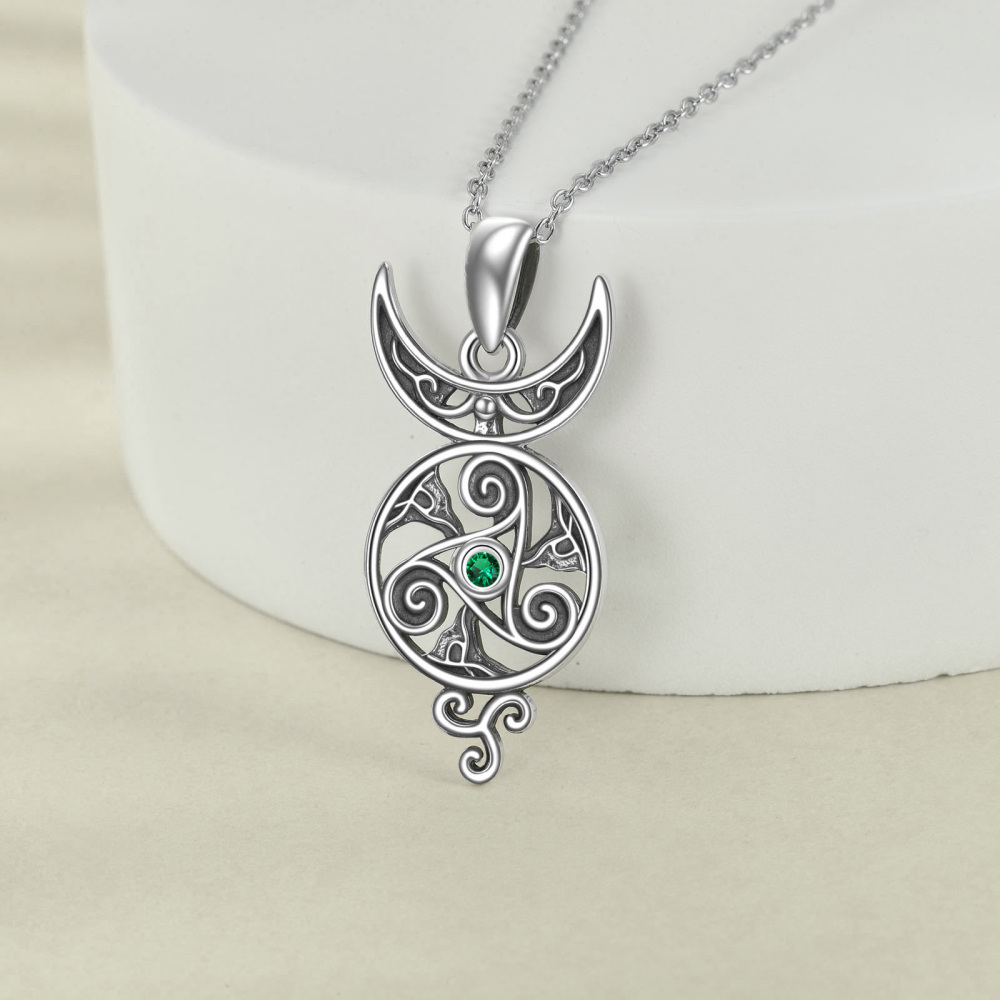 Sterling Silver Round Cubic Zirconia Celtic Knot & Moon Pendant Necklace-3
