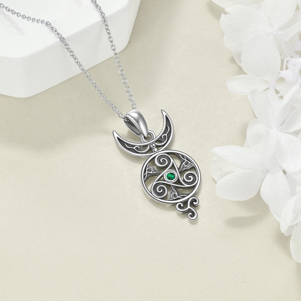 Sterling Silver Round Cubic Zirconia Celtic Knot & Moon Pendant Necklace-4