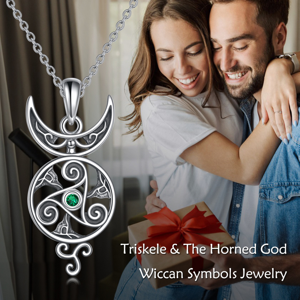 Sterling Silver Round Cubic Zirconia Celtic Knot & Moon Pendant Necklace-5