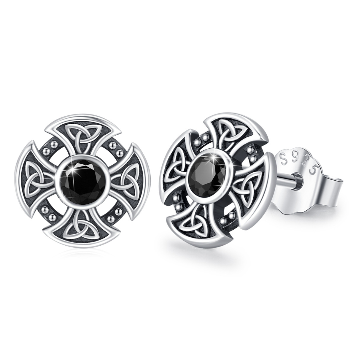 Boucles d'oreilles à tige en argent sterling avec nœud celtique et oxyde de zirconium rond-1