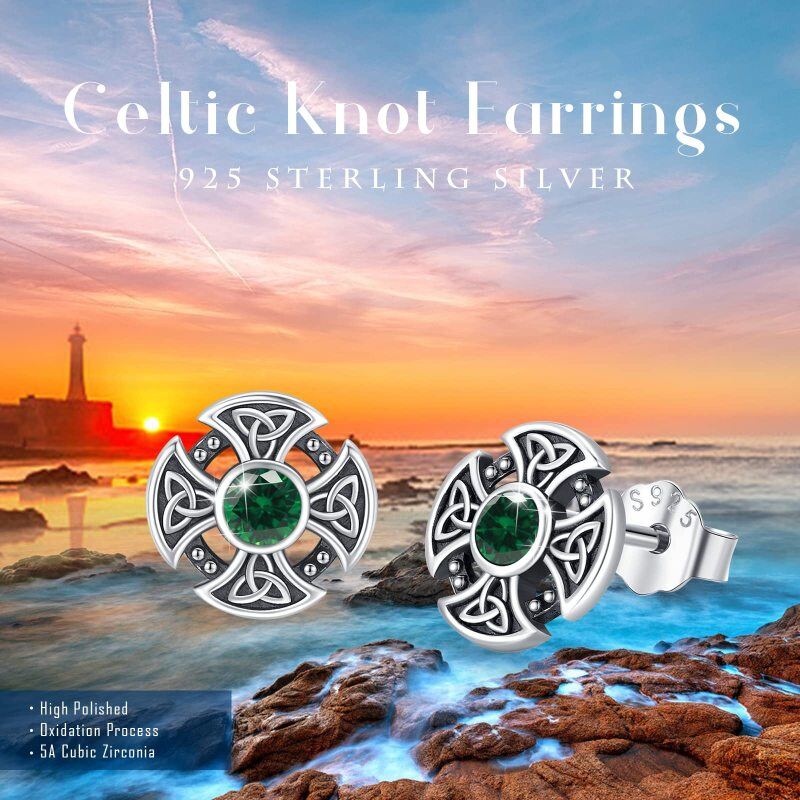 Sterling Silver Round Cubic Zirconia Celtic Knot Stud Earrings-5