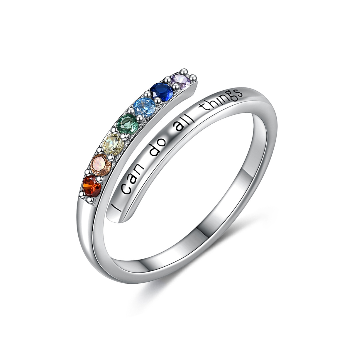 Sterling Silver Round Cubic Zirconia Chakras Open Ring with Engraved Word-1