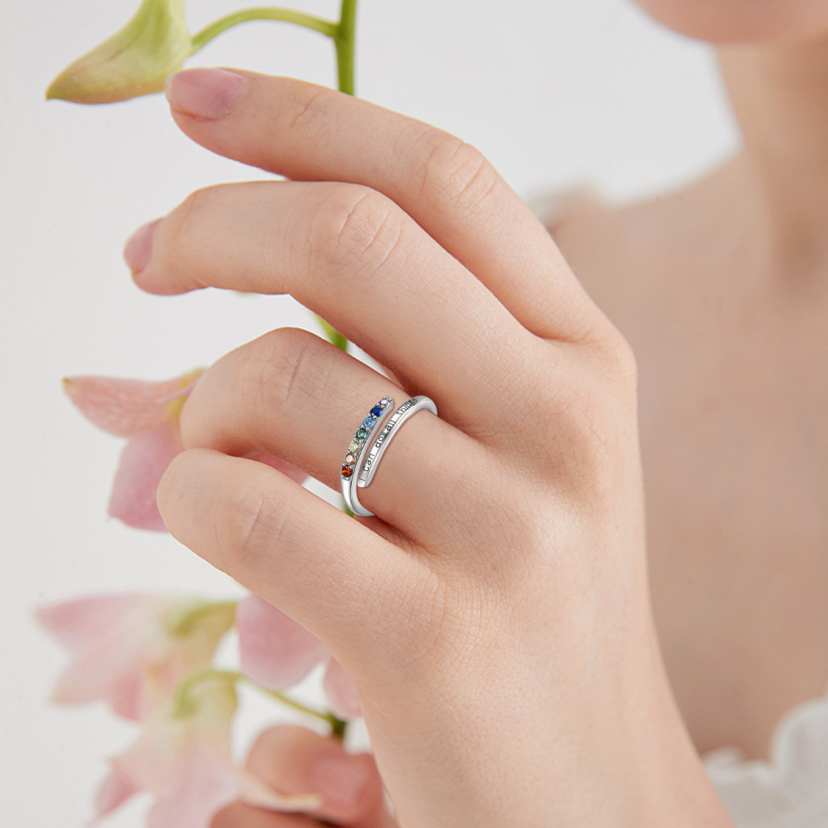 Bague ouverte en argent sterling avec mot gravé Chakras en zircone cubique ronde-2