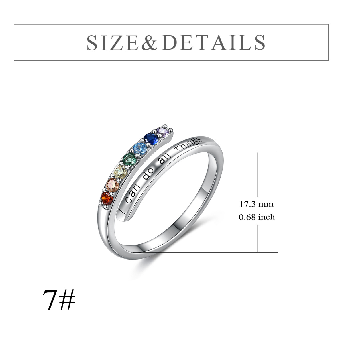 Sterling Silver Round Cubic Zirconia Chakras Open Ring with Engraved Word-6