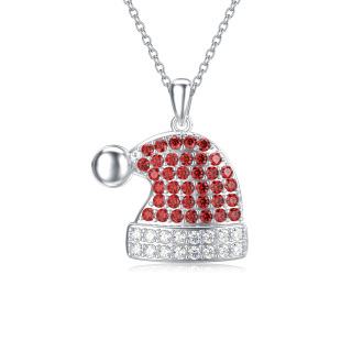 Sterling Silver Round Cubic Zirconia Christmas Hat Pendant Necklace-58