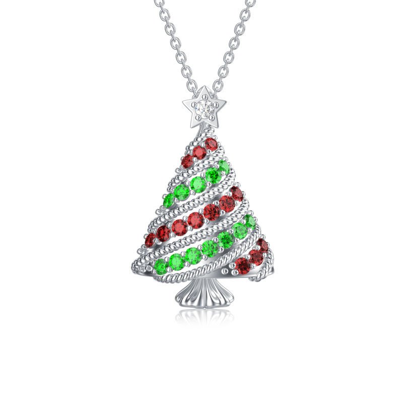 Sterling Silver Round Cubic Zirconia Christmas Tree Pendant Necklace-1
