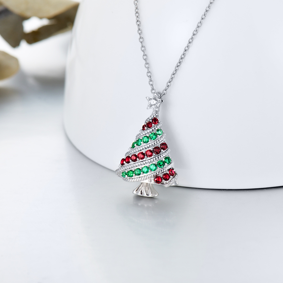 Halskette mit Weihnachtsbaum-Anhänger aus Sterlingsilber mit rundem Zirkonia-5