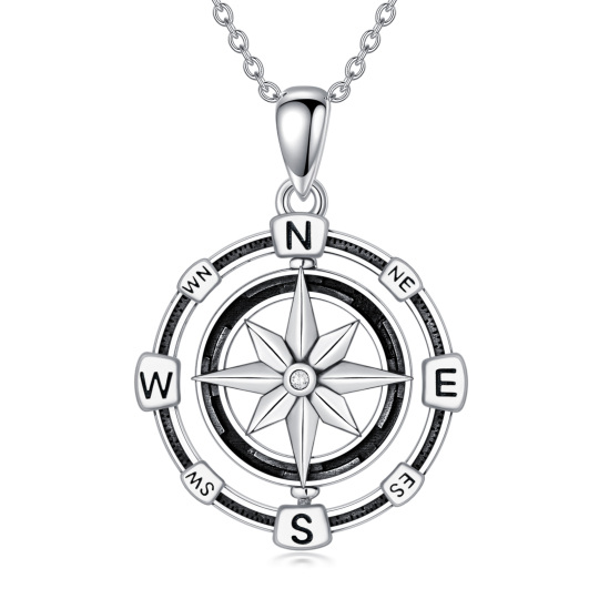 Sterling Silver Round Cubic Zirconia Compass Pendant Necklace