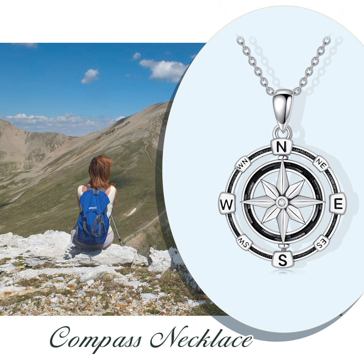 Sterling Silver Round Cubic Zirconia Compass Pendant Necklace-3