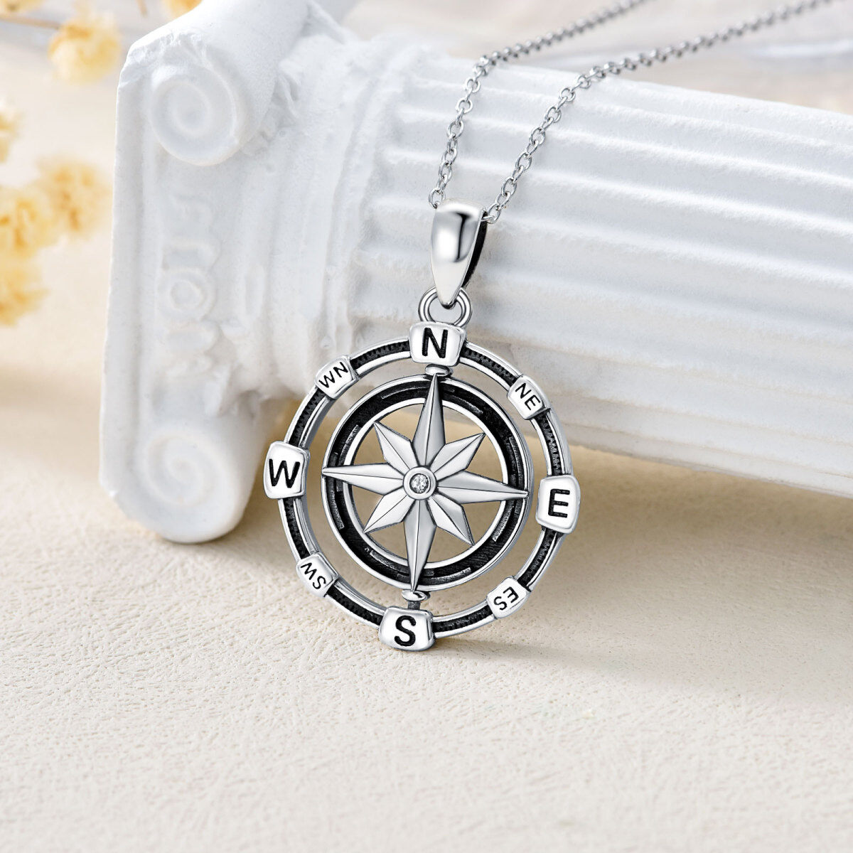 Sterling Silver Round Cubic Zirconia Compass Pendant Necklace-4