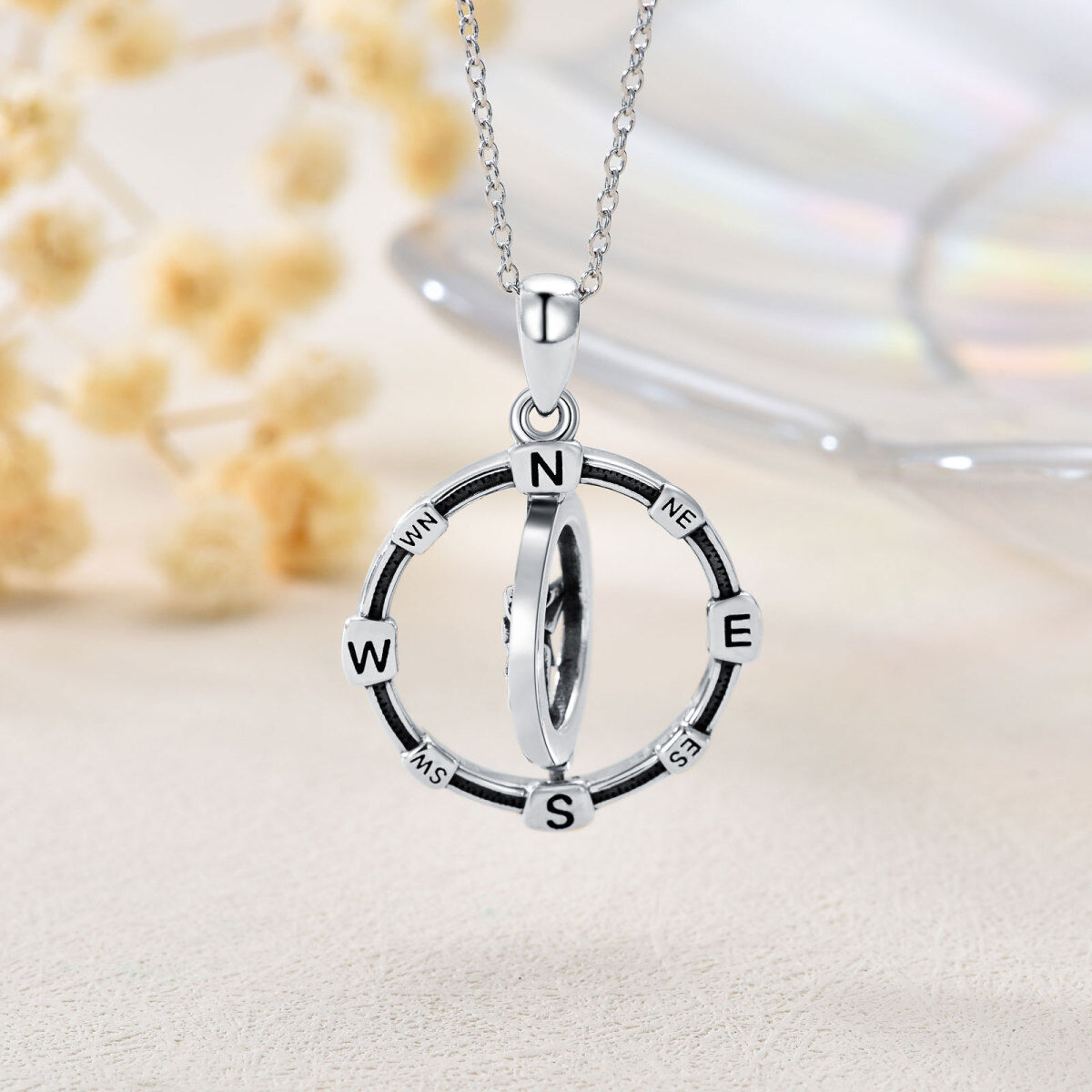 Sterling Silver Round Cubic Zirconia Compass Pendant Necklace-5