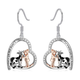 Sterling Silver Round Cubic Zirconia Cow Drop Earrings with Engraved Word-7